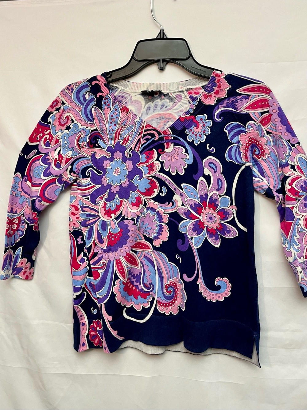 Talbots Navy Floral V-Neck Sweater with Pink and Purple Accents